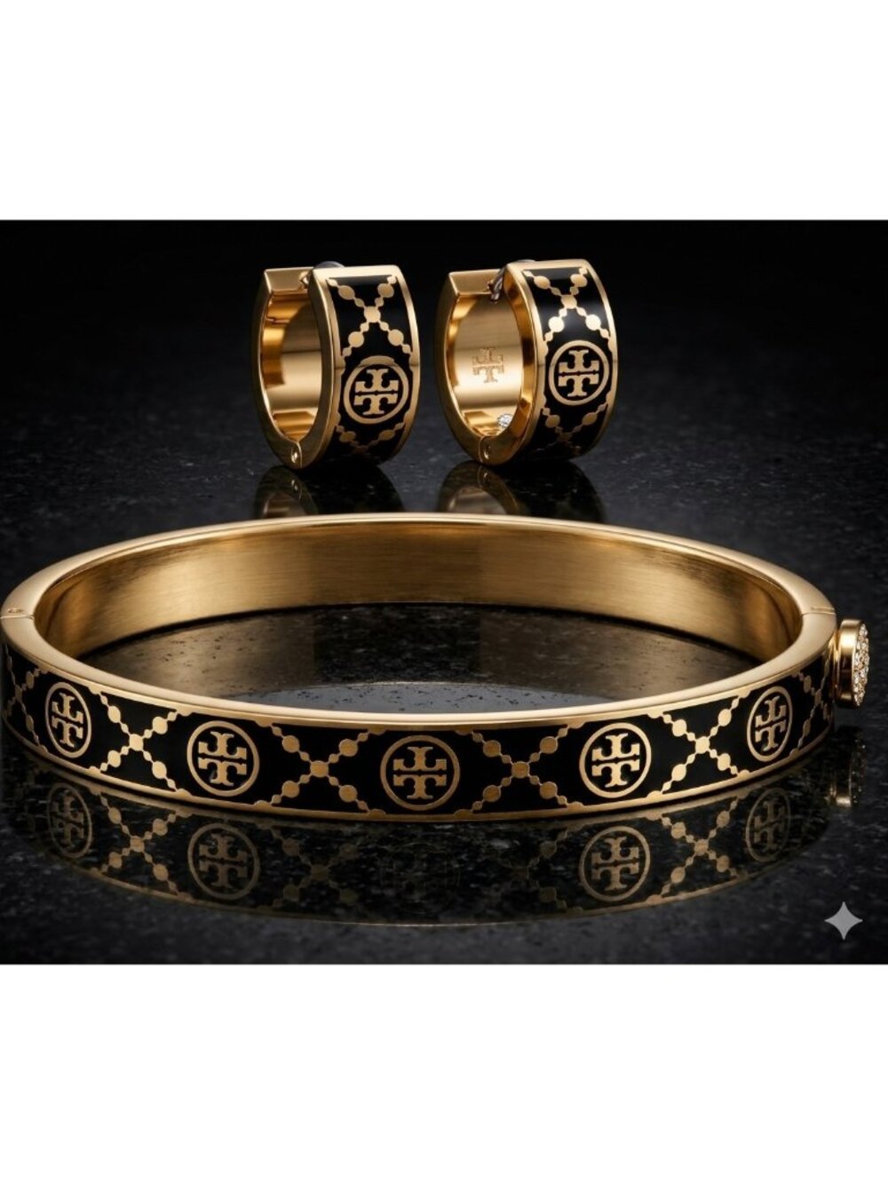 Tory Burch Black and Gold T-Monogram Huggie Earrings and Bracelet Set -10169 - Picture 7 of 7